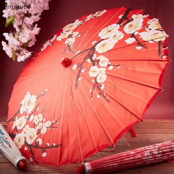 ร่มแฟนซี พร็อพตกแต่งถ่ายรูป สไตล์จีน สีแดงลายดอกไม้